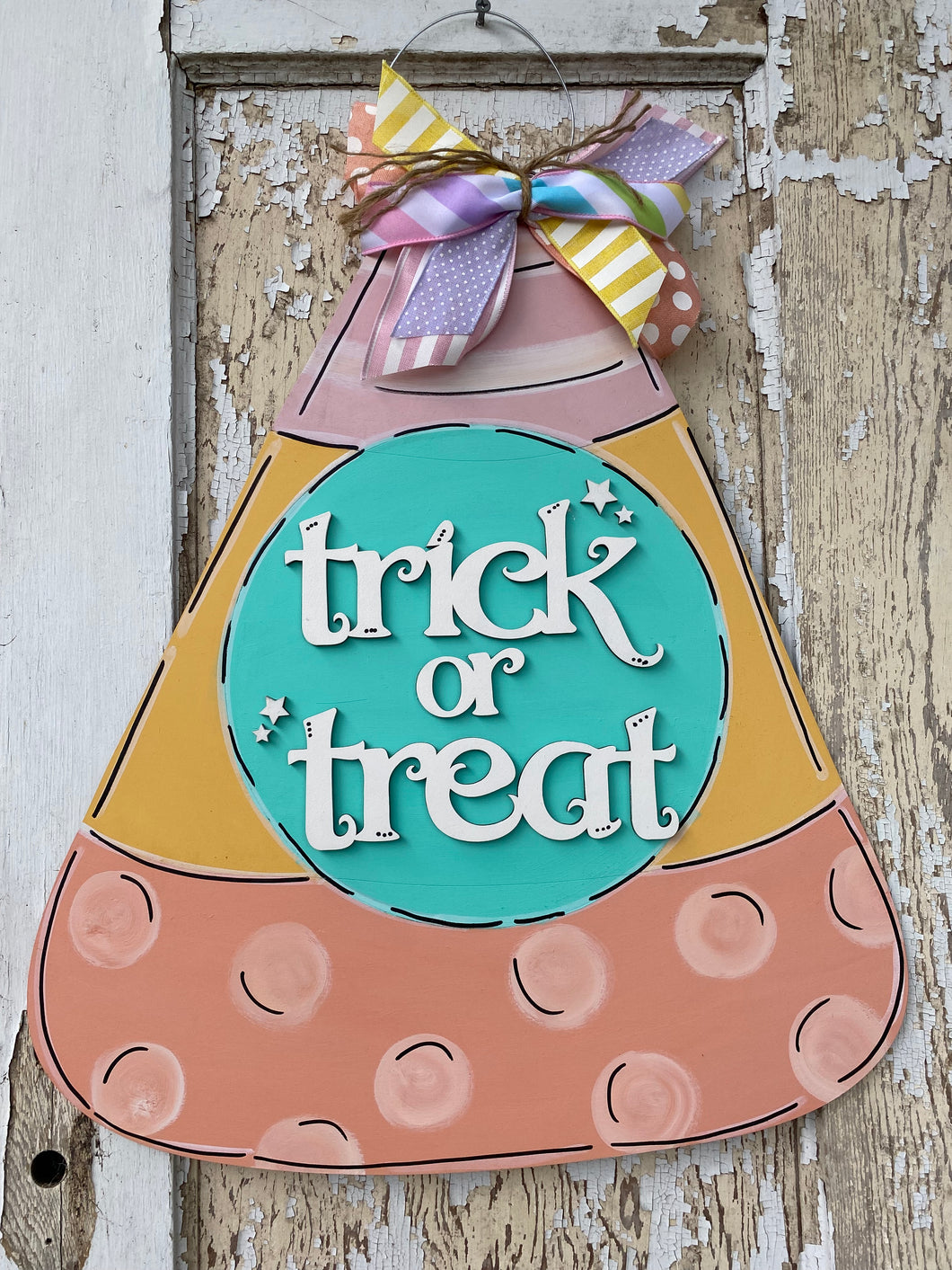 Pastel Candy Corn Trick or Treat Door Hanger, Fall Decor, Halloween Wood Sign