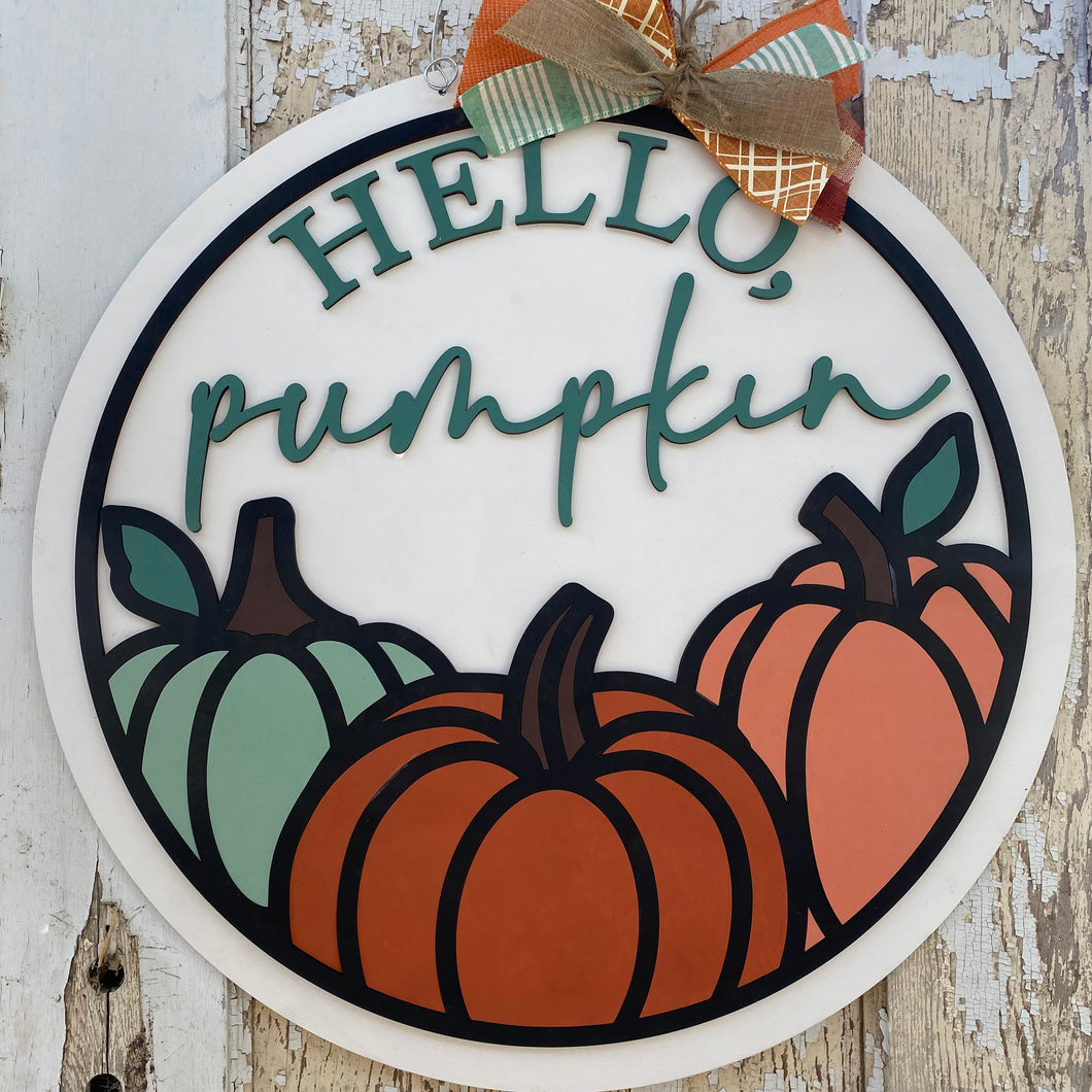 Classic Pumpkin Trio Hello Pumpkin Door Hanger, Fall Decor, Pumpkin Sign