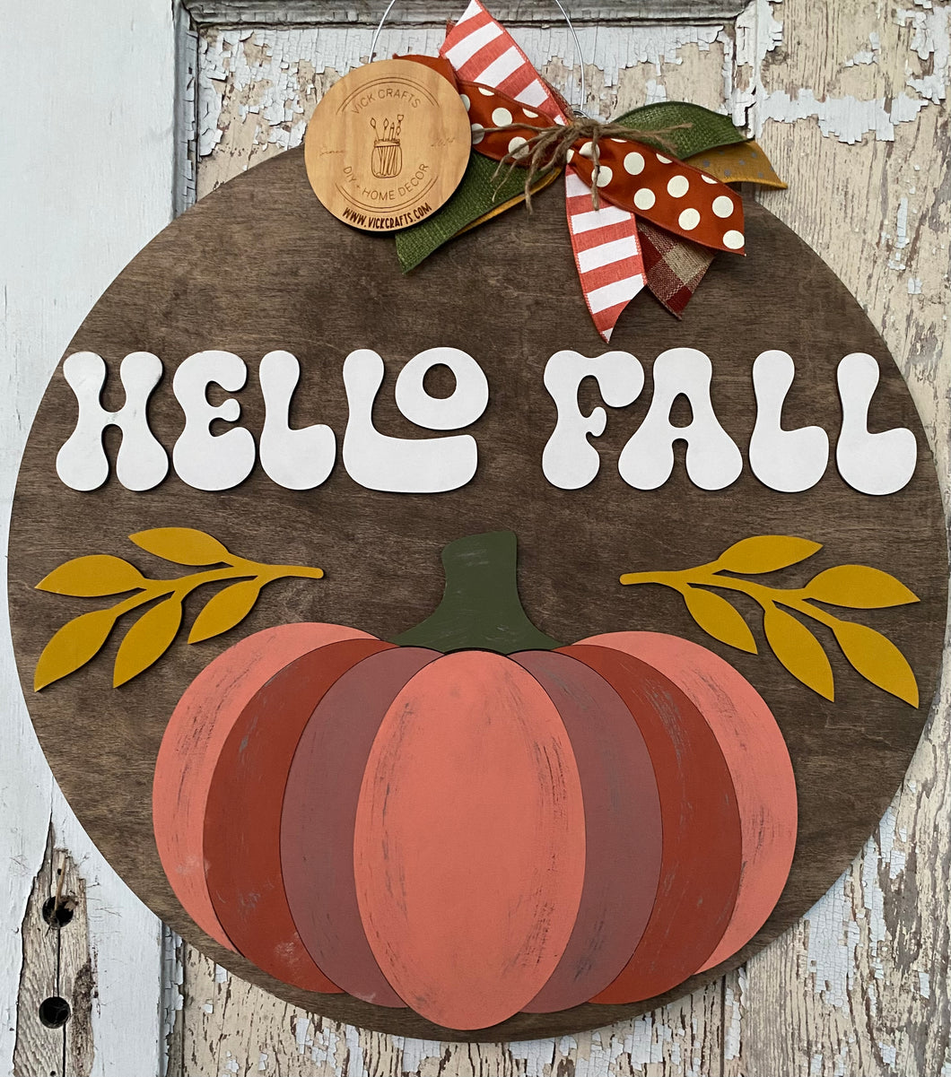 Retro Hello Fall Pumpkin Door Hanger, Fall Decor, Pumpkin Wood Sign