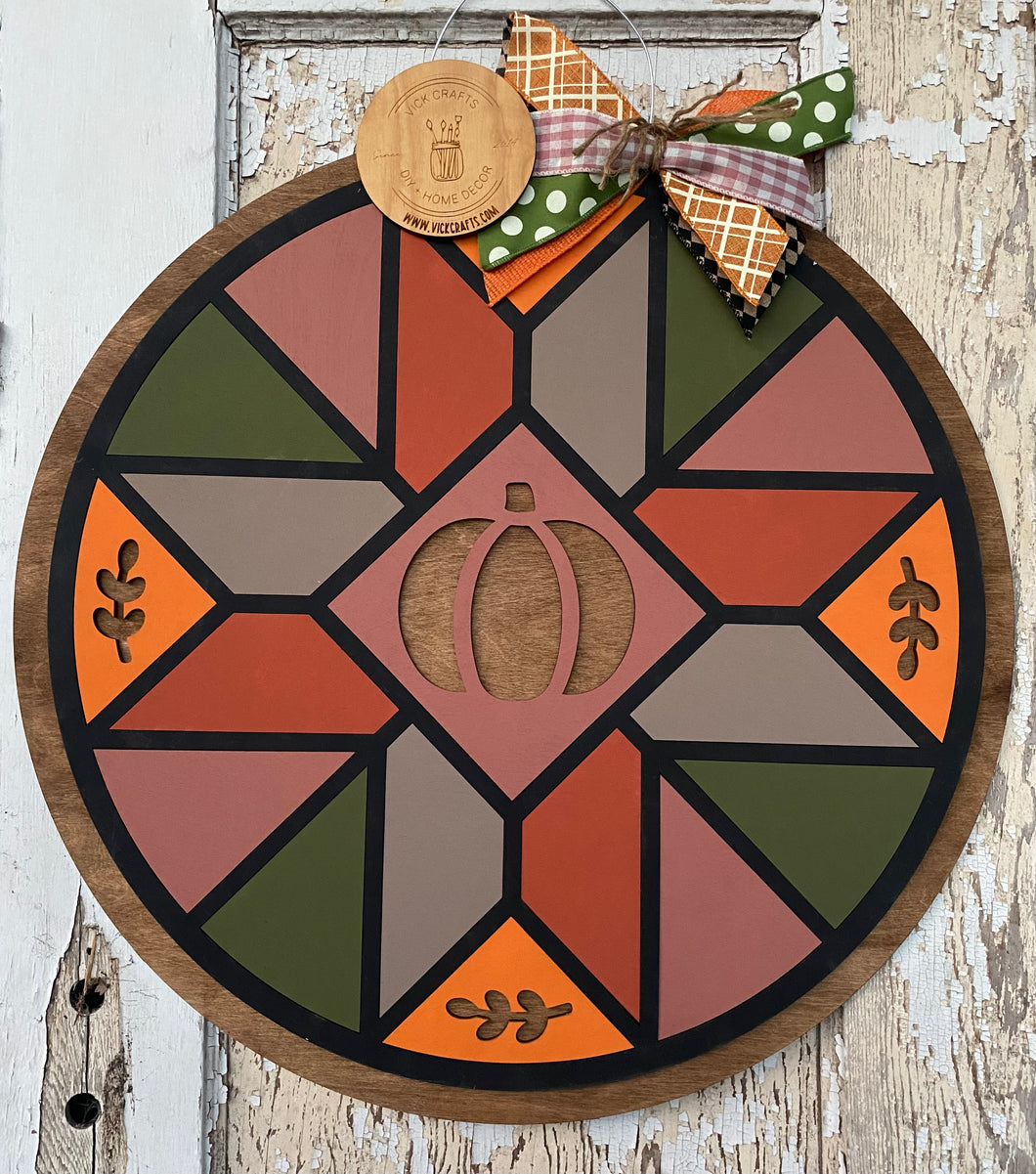 Fall Quilt Pumpkin Door Hanger, Stained Glass Inspired, Fall Decor, Pumpkin Wood Sign