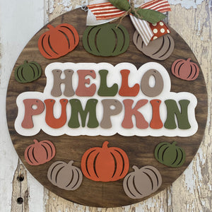 Retro Hello Pumpkin Door Hanger, Fall Decor, Pumpkin Sign