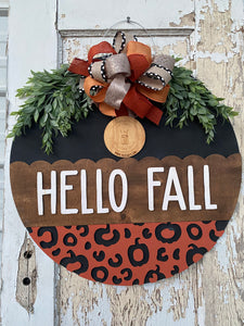 Hello Fall Leopard Door Hanger with Greenery, Fall wood sign